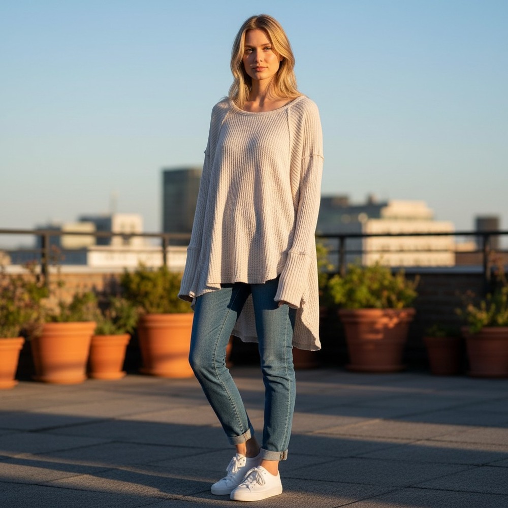 Free People Cream Waffle Knit Thermal High Low Tunic Top Small OB403061
